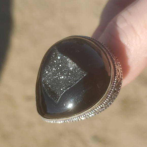 New Oversized Black Agate Druzy 925 Silver Ring. - Picture 12 of 16
